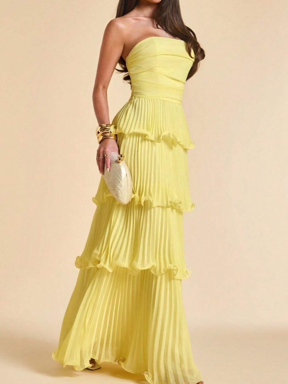 Yellow Elegant Ruffled Sleeveless A-Line Women's Dress - Picture 4 of 7